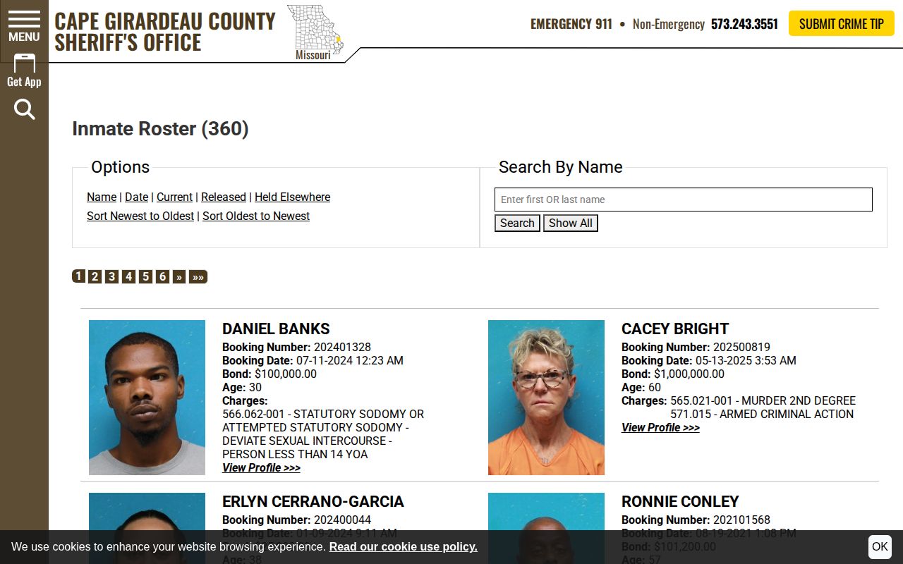 Cape Girardeau County booking record roster search interface